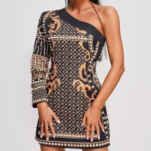 Summer Jacquard Knit Slant Shoulder Long Sleeve,Beaded Slim Dresses